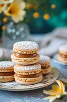 ai generiert Dulce de leche Träume Alfajores, Spanisch Sandwich Plätzchen Freude foto