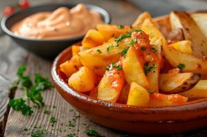 ai generiert Fett gedruckt beißt Patatas bravas mit würzig Tomate Soße und Aioli foto