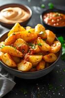 ai generiert Fett gedruckt beißt Patatas bravas mit würzig Tomate Soße und Aioli foto