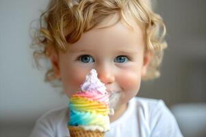 ai generiert bunt Süße bezaubernd Regenbogen Kleinkind Mode zum Frühling foto