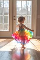 ai generiert bunt Süße bezaubernd Regenbogen Kleinkind Mode zum Frühling foto