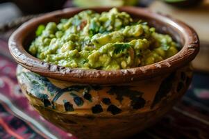 ai generiert rustikal Eleganz Guacamole serviert im ein Volk Keramik Schüssel foto