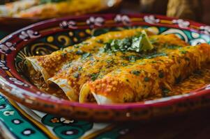 ai generiert zauberhaft Enchiladas ein Fiesta auf ein Volk Keramik Teller foto