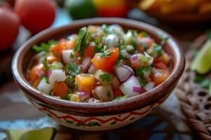 ai generiert Küsten Eleganz Ceviche serviert im ein handgemacht Keramik Schüssel foto