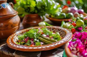 ai generiert stachelig Birne Perfektion Nopales Salat auf traditionell Keramik Teller foto