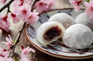 ai generiert kulinarisch Eleganz folk-inspiriert Sakura Mochi Perfektion foto