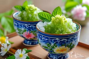 ai generiert Volk Verschmelzung Erfrischung Kakigori mit Matcha Sirup foto