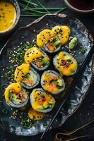 ai generiert nikkei Verschmelzung Kunst genießen Sushi Rollen mit aji Amarillo Aioli foto