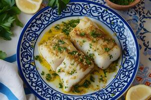 ai generiert traditionell Portugiesisch Essen Fotografie Bacalhau Gericht Präsentation foto