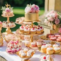 ai generiert Hochzeit Buffet Tisch, Veranstaltung Dessert Essen Gastronomie zum Hochzeit, Party und Urlaub Feier, Kuchen, Süßigkeiten und Nachspeisen im ein Land Garten, generativ ai foto