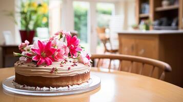 ai generiert hausgemacht Geburtstag Kuchen im das Englisch Landschaft Haus, Hütte Küche Essen und Urlaub Backen Rezept foto