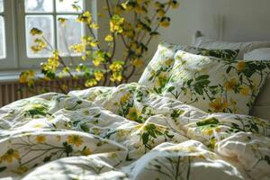 ai generiert Schlafzimmer mit botanisch drucken Bettwäsche im Grün und Gelb Töne. Frühling Konzept. generativ ai foto