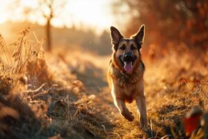 ai generiert Hund Laufen durch ein Feld. Haustier und Frühling. generativ ai foto