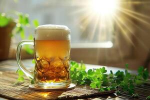 ai generiert st. Patrick's Tag Hintergrund mit ein erfrischend kalt Bier und Klee. generativ ai foto