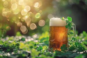 ai generiert st. Patrick's Tag Hintergrund mit ein erfrischend kalt Bier und Klee. generativ ai foto