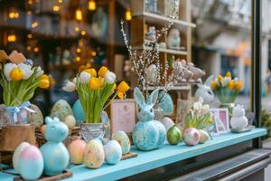 ai generiert Geschäft Fenster gefüllt mit ein Array von Ostern Dekorationen. generativ ai foto