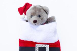 Teddy mit Weihnachtsmütze und Socke auf weißem Hintergrund foto