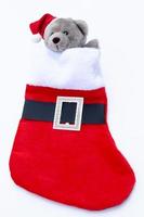 Teddy mit Weihnachtsmütze und Socke auf weißem Hintergrund foto