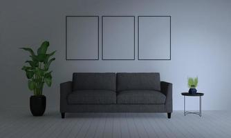 3D gerenderter moderner Wohnzimmerrahmen mit Sofa - Couch und Tisch foto