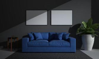 3D gerenderter moderner Wohnzimmerrahmen mit Sofa - Couch und Tisch foto