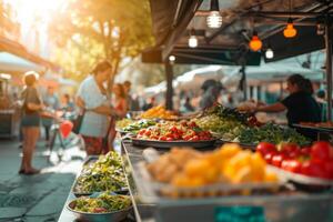 ai generiert beschwingt und geschäftig Straße Essen Markt im ein lebhaft Stadt. generativ ai foto