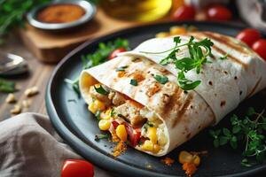 ai generiert Burritos Wraps mit Rindfleisch und Gemüse. Rindfleisch Burritos, Mexikaner Lebensmittel. generativ ai foto