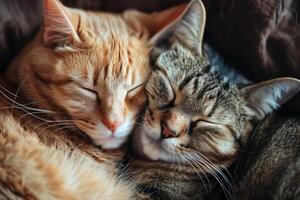 ai generiert zwei Katzen kuscheln zusammen. zwei bezaubernd Kätzchen Schlafen zusammen schließen hoch. generativ ai foto