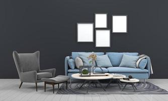 3D gerenderter moderner Wohnzimmerrahmen mit Sofa - Couch und Tisch foto