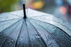 ai generiert Nahansicht auf transparent Regenschirm im schwer Regen. generativ ai foto