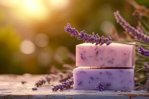 ai generiert natürlich Seife mit Lavendel Extrakt. handgemacht Seife mit Lavendel Blumen. generativ ai foto