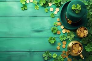 ai generiert st. Patrick's Tag Hintergrund mit Kobold Hut, Topf von Gold Münzen und Kleeblatt Blätter. generativ ai foto