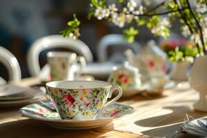 ai generiert Essen Tabelle einstellen mit Blumen- Geschirr auf sonnig Licht Hintergrund. generativ ai foto