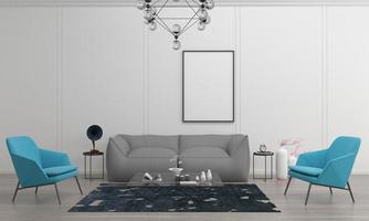 3D gerenderter moderner Wohnzimmerrahmen mit Sofa - Couch und Tisch foto