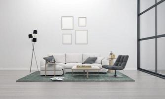 Realistisches Modell 3D gerendertes Interieur des modernen Wohnzimmers mit Sofa - Couch und Tisch foto