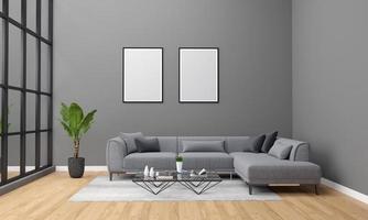 Realistisches Modell 3D gerendertes Interieur des modernen Wohnzimmers mit Sofa - Couch und Tisch foto