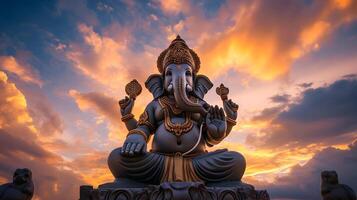 ai generiert Herr Ganesha Skulptur beim schön Sonnenuntergang. Göttin Ganesh Festival. foto