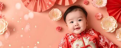 ai generiert süß asiatisch Baby im Chinesisch traditionell Kleid. glücklich Chinesisch Neu Jahr Konzept. foto