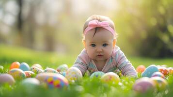 ai generiert glücklich Baby Mädchen und bunt Ostern Eier auf Gras foto