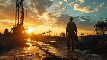 ai generiert Öl Arbeiter beim Öl Extraktion, Petroleum Industrie beim Sonnenuntergang foto