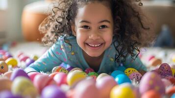 ai generiert glücklich afrikanisch Mädchen Sammeln Ostern Eier foto
