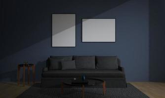 3D gerenderter moderner Wohnzimmerrahmen mit Sofa - Couch und Tisch foto