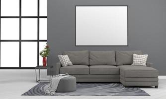 3D gerenderter moderner Wohnzimmerrahmen mit Sofa - Couch und Tisch foto