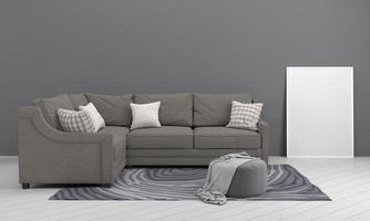 3D gerenderter moderner Wohnzimmerrahmen mit Sofa - Couch und Tisch foto