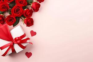 Feier Valentinstag Tag mit Geschenk Box mit Samt Band und Papier Dekoration auf schön Hintergrund foto