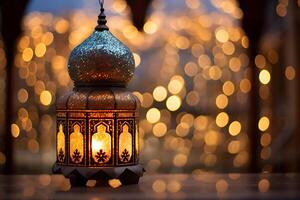 ein islamisch Lampe oder Arabisch Laterne dekoriert mit ein beleuchtet Kerze im ein festlich Einladung Karte zum das heilig Monat von Ramadan foto