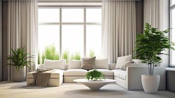 ai generiert Innere von Licht Leben Zimmer mit komfortabel Sofa, Zimmerpflanzen und Spiegel in der Nähe von Licht Mauer. ai generativ foto