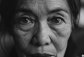 ai generiert Porträt von ein Alten Frau. schwarz und Weiß. Nahansicht. foto
