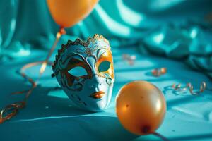 ai generiert Karneval Maske mit Orange Luftballons auf ein Blau Hintergrund. Urlaub Konzept. foto