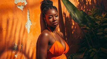 ai generiert schön afrikanisch amerikanisch Frau im Badeanzug auf Orange Hintergrund. foto