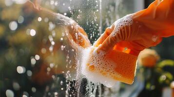 ai generiert Reinigung Konzept. Nahansicht von weiblich Hand im Orange Handschuhe Reinigung Fenster Feld mit Schwamm. foto